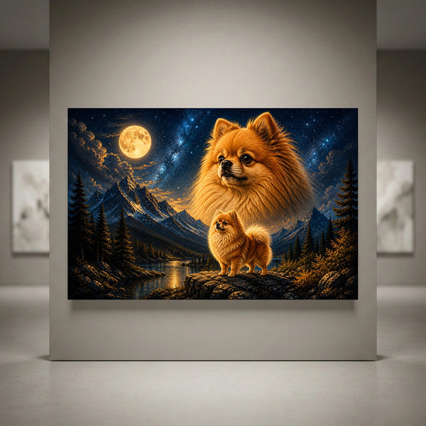 Pomeranian dogs in a moonlit mountain landscape with a river, stars, and full moon, oil painting style canvas print.