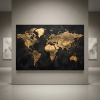 Textured golden world map on a deep black background, presented as a luxurious canvas print in a modern gallery.
