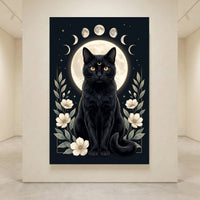Mystical black cat canvas print with golden eyes, crescent moon symbol, full moon, and moon phases. Elegant celestial art.