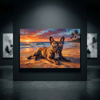 Brindle French Bulldog in sunglasses on a beach at sunset. Vibrant oil painting style canvas print with palm trees and ocean.