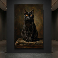 Black cat portrait oil painting style canvas print, regal feline with golden eyes on a dark, textured background.