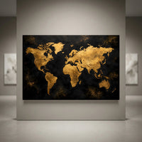 Textured golden world map on black background canvas print, modern abstract art for luxurious home office decor.