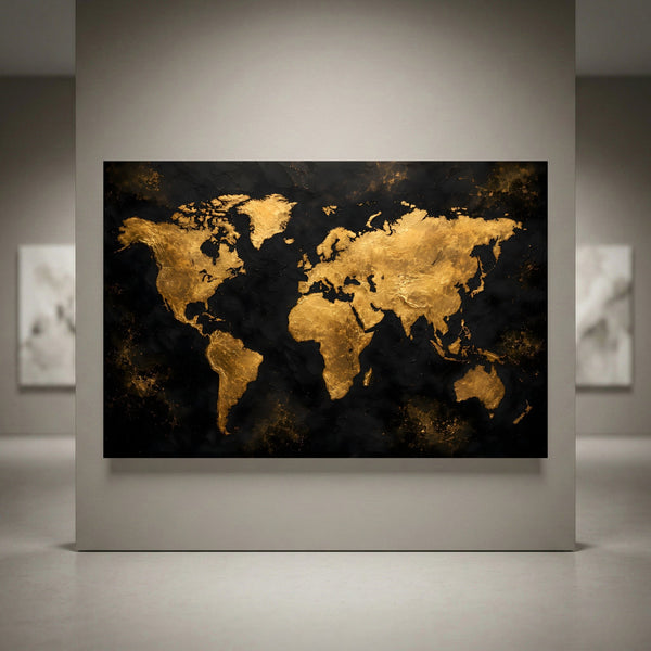 Textured golden world map on black background canvas print, modern abstract art for luxurious home office decor.