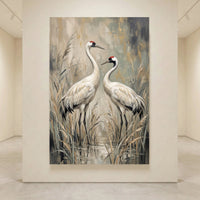 Elegant white cranes with red crowns standing in tall reeds, oil painting style canvas print wall art with gold accents.