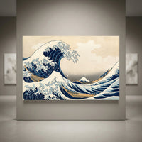 Japanese Great Wave canvas print, Hokusai ukiyo-e art style with Mount Fuji, fishing boats, and dynamic ocean waves.