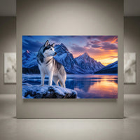 Siberian Husky on snowy rock, winter mountain lake sunset, vibrant sky, nature dog art print.