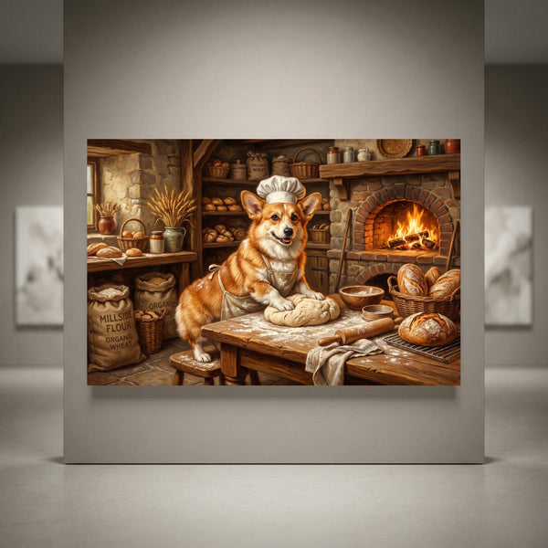 Whimsical Corgi baker dog kneading dough in a rustic bakery, fireplace, fresh bread, oil painting style canvas print.