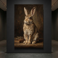 Oil painting style canvas print of a fluffy brown rabbit sitting next to an old book and dried herbs in a rustic setting.