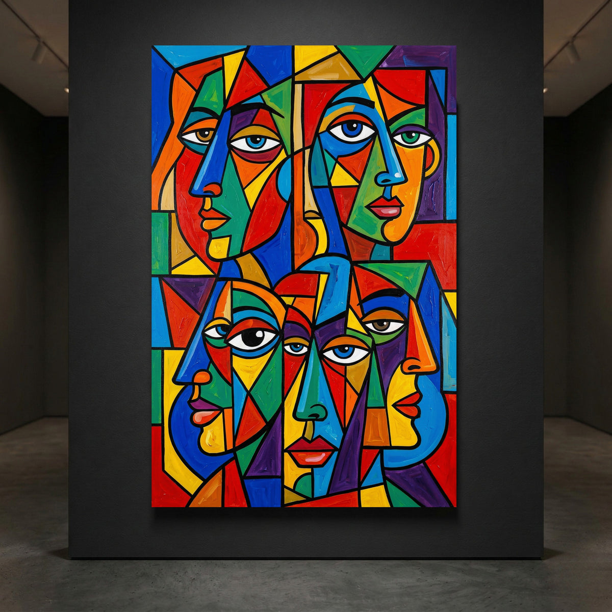 Geometric Faces Stretched Canvas Wall Art, Colorful Modern Portrait Print, Bold Living Room Decor