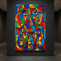 Geometric Faces Stretched Canvas Wall Art, Colorful Modern Portrait Print, Bold Living Room Decor