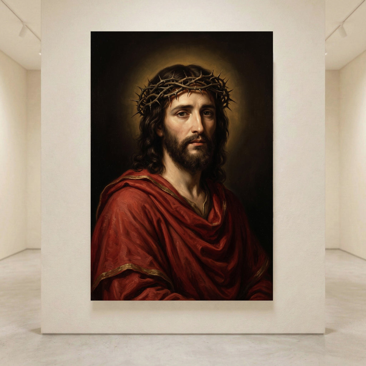 Jesus Christ portrait with crown of thorns in a classic oil painting style canvas print, warm halo, red robe.