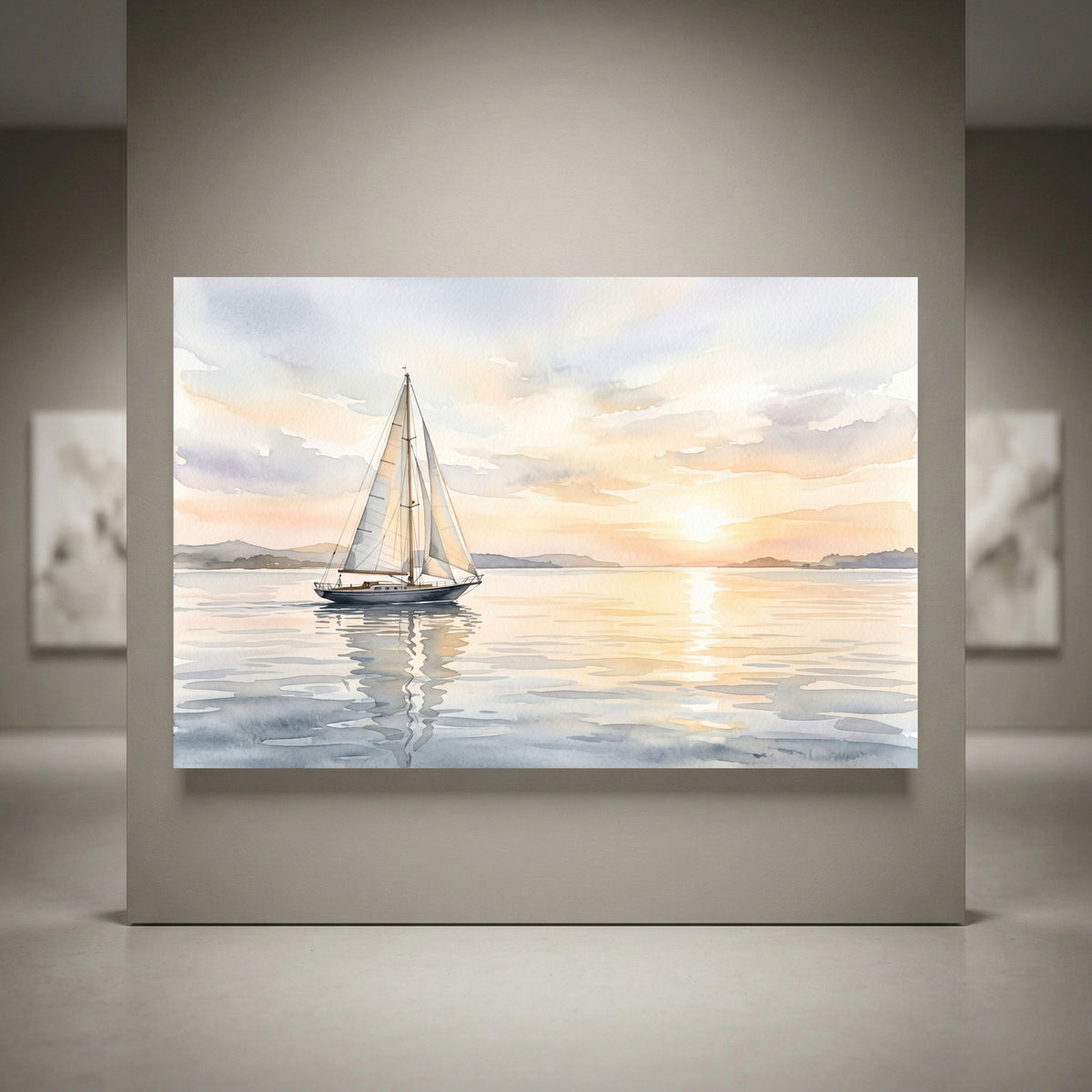 Watercolor sailboat canvas print at sunset with calm water reflections, coastal horizon, and soft sky hues.