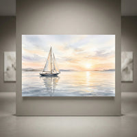 Watercolor sailboat canvas print at sunset with calm water reflections, coastal horizon, and soft sky hues.