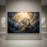 Oil painting style canvas print of a majestic winding stairway ascending through bright, golden clouds and divine light.