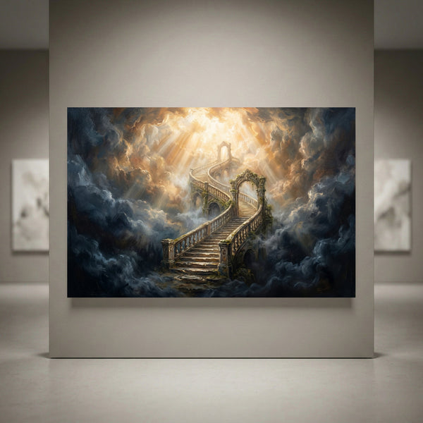 Oil painting style canvas print of a majestic winding stairway ascending through bright, golden clouds and divine light.