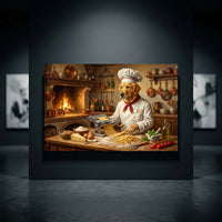 Golden Retriever chef making fresh Italian pasta in a rustic kitchen, oil painting style canvas print with fireplace.
