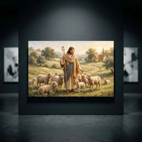 Good Shepherd Jesus Christ canvas print with sheep in a pastoral landscape, oil painting style, serene biblical scene.