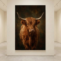 Highland cow portrait canvas print with reddish-brown fur and large horns, in an oil painting style, framed in a gallery.