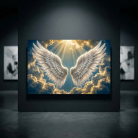 Ethereal white angel wings canvas print in a radiant sky with golden sun rays and fluffy clouds, spiritual art decor.