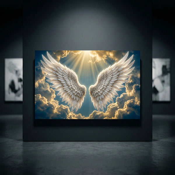 Ethereal white angel wings canvas print in a radiant sky with golden sun rays and fluffy clouds, spiritual art decor.