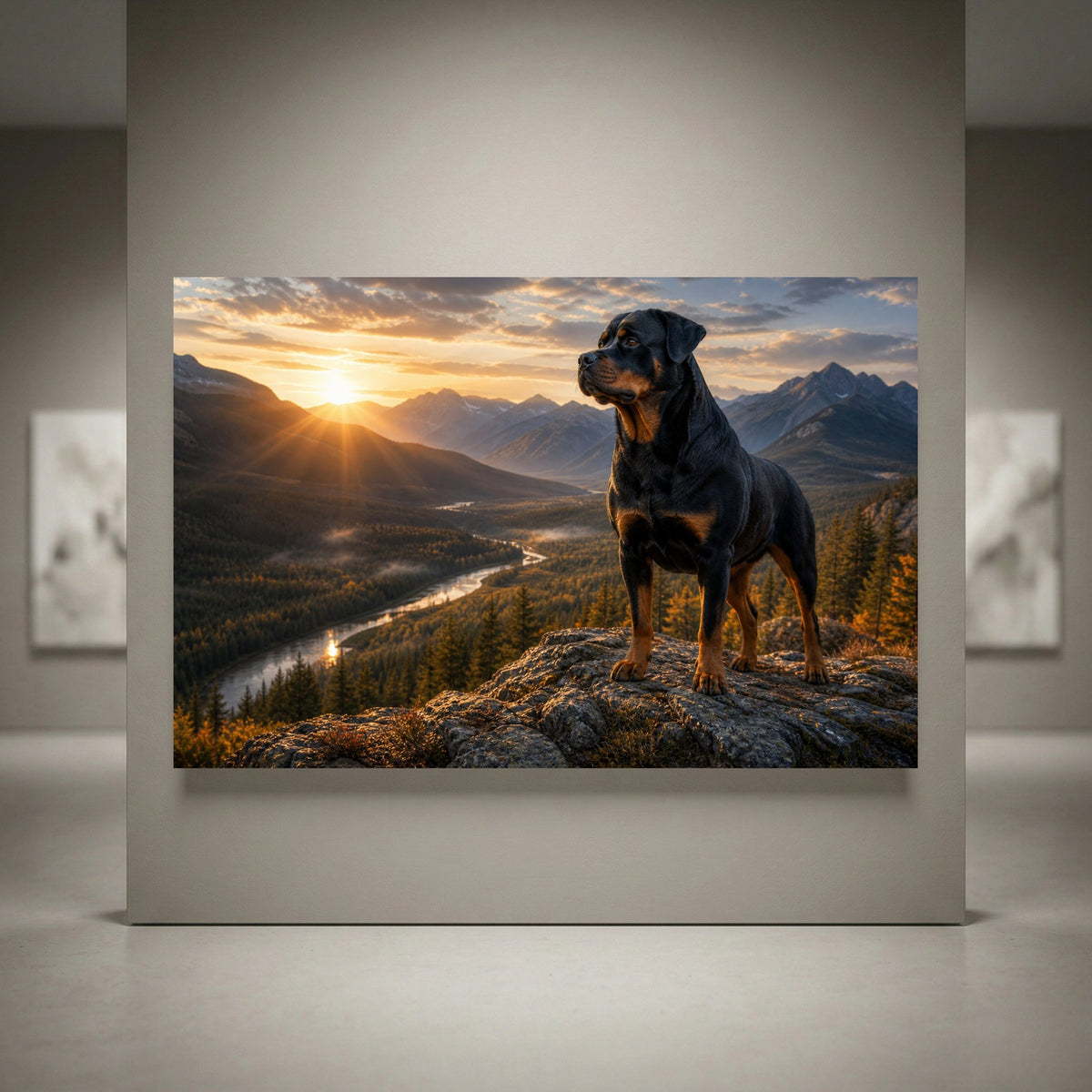 Rottweiler dog canvas print on a mountain at sunset, overlooking a valley and river, with golden light.
