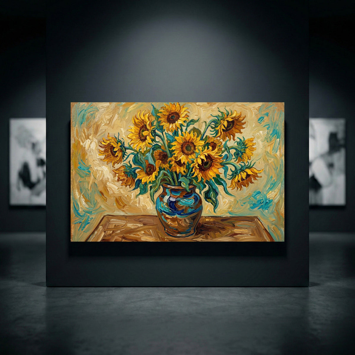 Vibrant sunflower bouquet canvas print in a blue vase, textured oil painting style in an art gallery setting with spotlights.