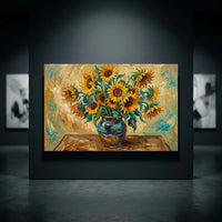 Vibrant sunflower bouquet canvas print in a blue vase, textured oil painting style in an art gallery setting with spotlights.
