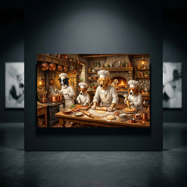 Charming dog chefs cooking in a rustic kitchen, featuring a golden retriever, border collie, jack russell, and beagle. Canvas print.