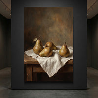 Realistic still life canvas print of four pears on a white cloth and wooden table, painted in an oil painting style.