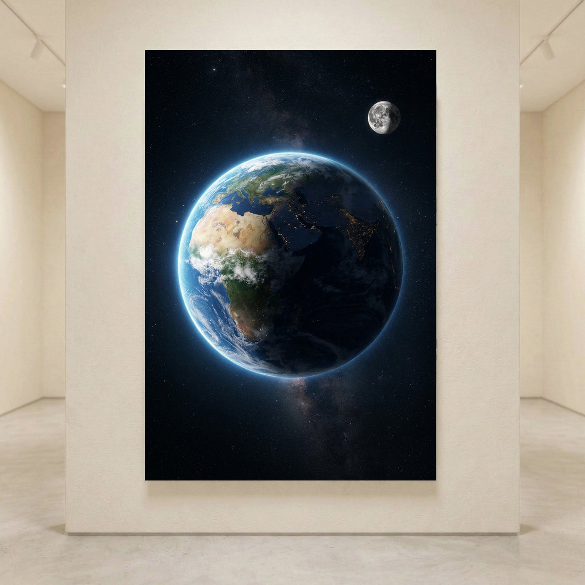 Realistic Earth and Moon canvas print in space with stars, showing continents and city lights from orbit, celestial art.
