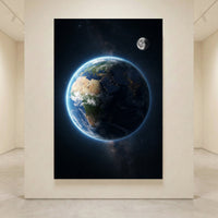 Realistic Earth and Moon canvas print in space with stars, showing continents and city lights from orbit, celestial art.