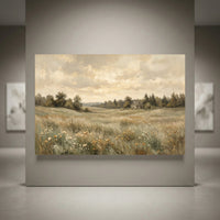 Rustic landscape canvas print of a field with wildflowers, trees, and a farmhouse under a cloudy sky in an oil painting style.