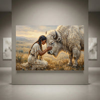 Native American woman kneels, touching a white buffalo's face in a golden field, rich impasto oil painting style canvas print.