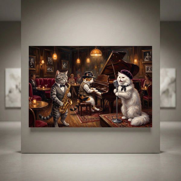Canvas print of three jazz cats: tabby playing saxophone, calico at piano, white cat singing, in a cozy bar scene.
