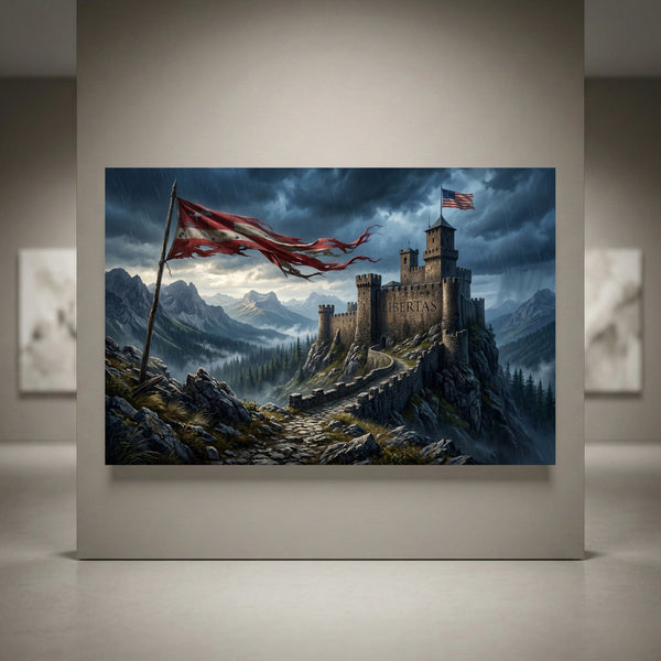 Epic mountain castle canvas print with 'LIBERTAS' and patriotic flags under stormy skies, heroic landscape art.
