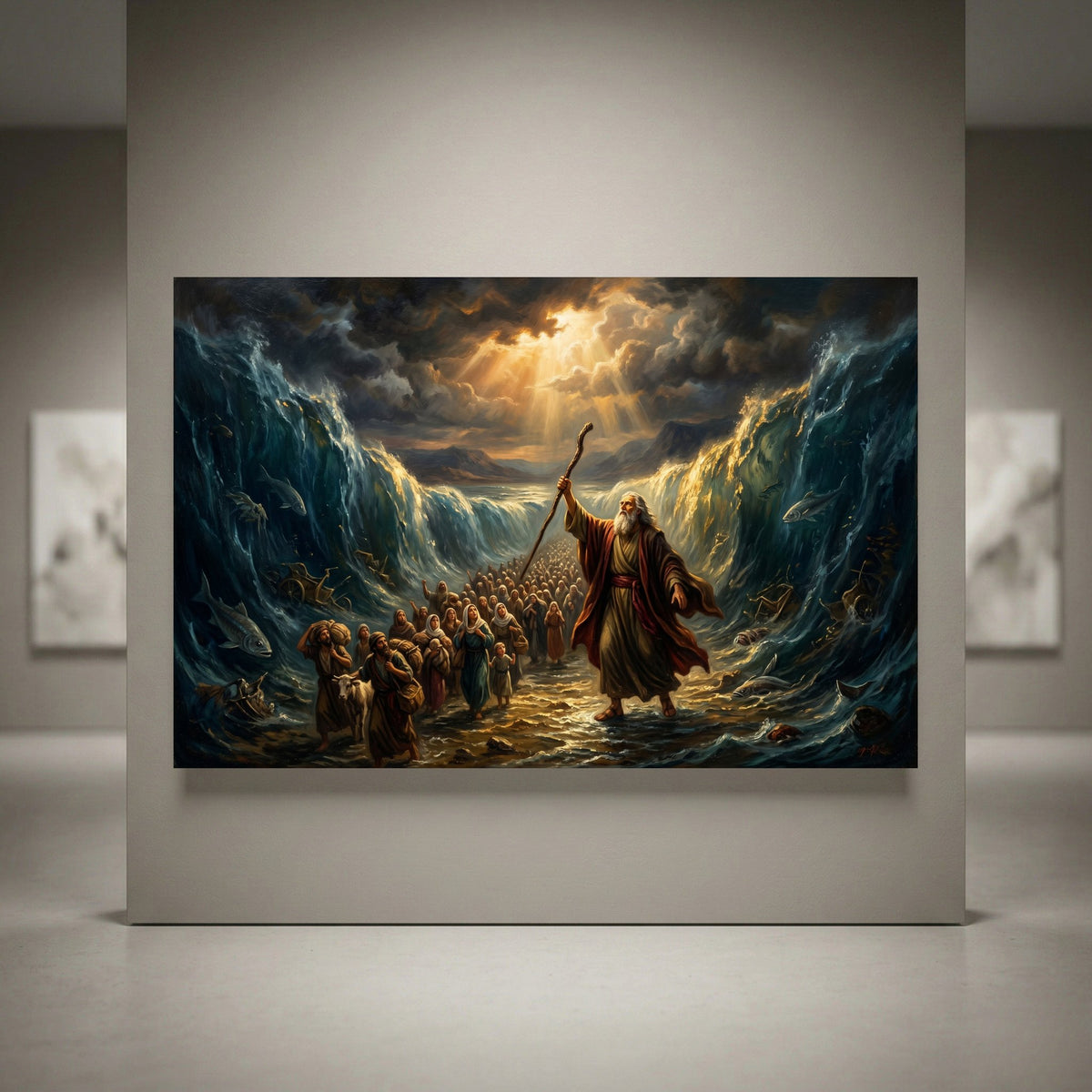 Dramatic Moses parting Red Sea canvas print, oil painting style, biblical scene, divine light, towering waves, Exodus story.