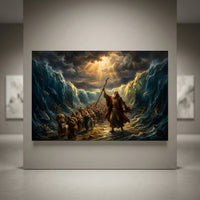 Dramatic Moses parting Red Sea canvas print, oil painting style, biblical scene, divine light, towering waves, Exodus story.
