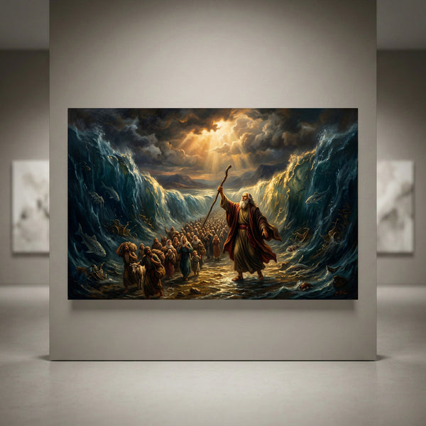 Dramatic Moses parting Red Sea canvas print, oil painting style, biblical scene, divine light, towering waves, Exodus story.