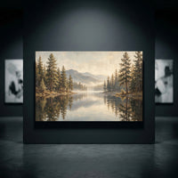 Serene forest lake landscape canvas print featuring pine trees, misty mountains, and reflections in a peaceful oil painting style.