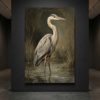 Close-up of a majestic great blue heron standing in a calm wetland with reeds, in a classic oil painting style canvas print.