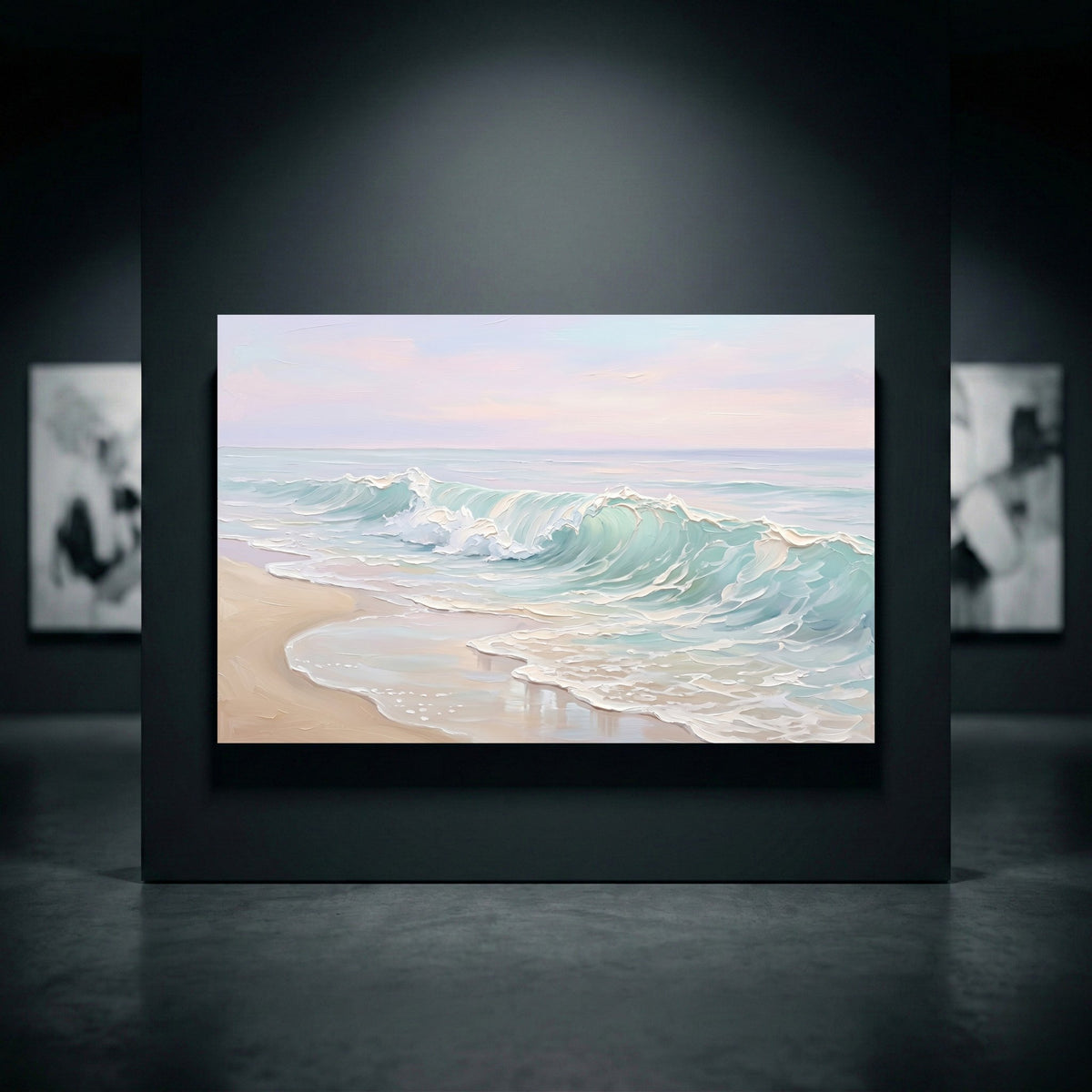 Textured ocean waves canvas print featuring pastel blue-green water, white foam, sandy beach, and a soft pink-blue sky in a modern gallery.