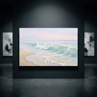 Textured ocean waves canvas print featuring pastel blue-green water, white foam, sandy beach, and a soft pink-blue sky in a modern gallery.