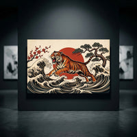 Japanese Ukiyo-e tiger leaping over waves canvas print, with red sun, cherry blossoms, and pine tree art.