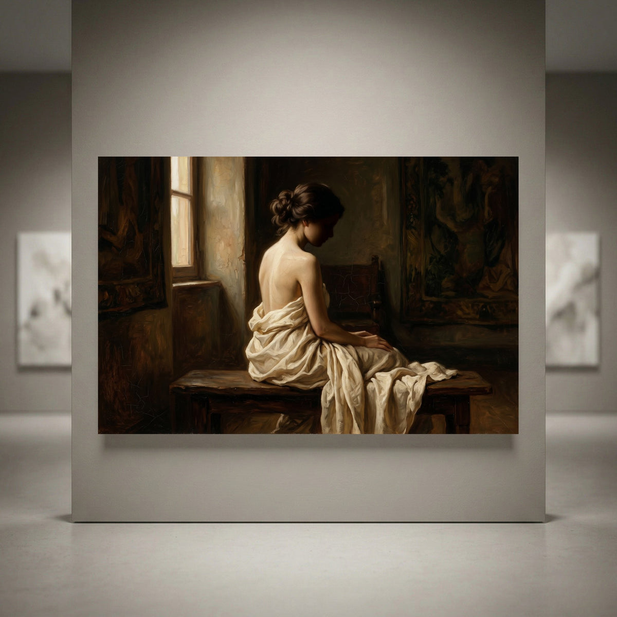 Classical oil painting style canvas print of a woman draped in white fabric, seated, in a contemplative pose.