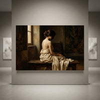 Classical oil painting style canvas print of a woman draped in white fabric, seated, in a contemplative pose.