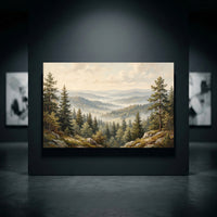 Misty mountain forest landscape canvas print, featuring pine trees and rolling hills in a classical oil painting style.
