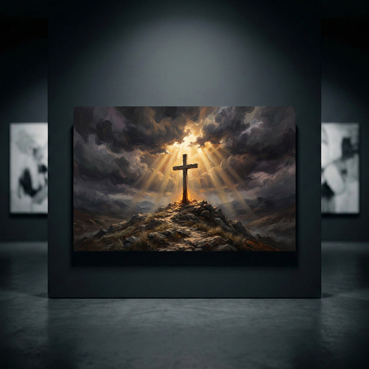 Dramatic cross on a rugged hill at sunset, with golden light rays through dark, stormy clouds. Spiritual oil painting style canvas print.