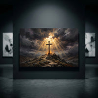 Dramatic cross on a rugged hill at sunset, with golden light rays through dark, stormy clouds. Spiritual oil painting style canvas print.