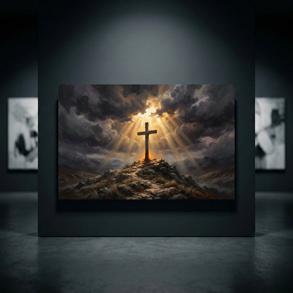 Dramatic cross on a rugged hill at sunset, with golden light rays through dark, stormy clouds. Spiritual oil painting style canvas print.