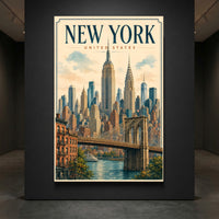 Vintage New York City skyline canvas print with Brooklyn Bridge, Empire State, Chrysler Building, watercolor style.